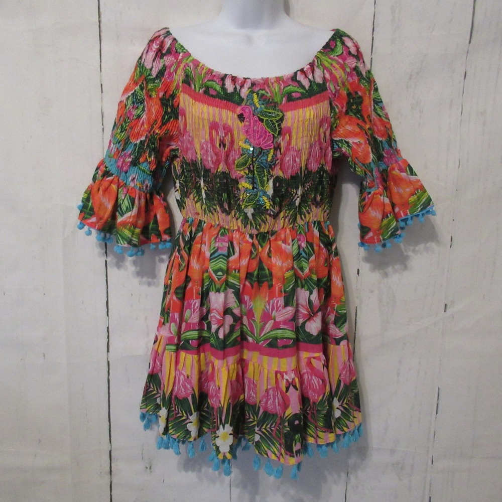 Antica Santoria Dress S M L Pink Flamingo Beaded Floral Tropical Resortwear